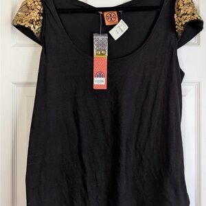 NWT Tory Burch Black Blouse with Gold Sequin Shoulders